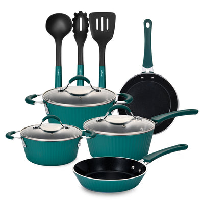 11 Piece Nonstick Elegant Lines Pattern Kitchen Cookware Set, Teal (Used) - VMInnovations