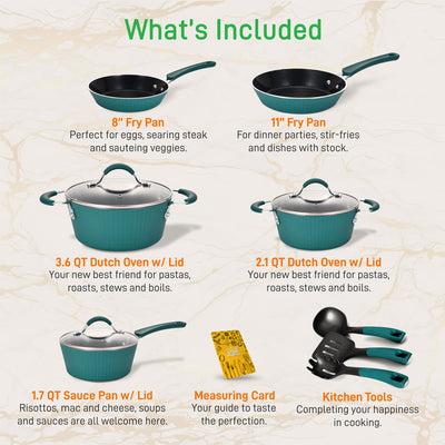 11 Piece Nonstick Elegant Lines Pattern Kitchen Cookware Set, Teal (Used) - VMInnovations
