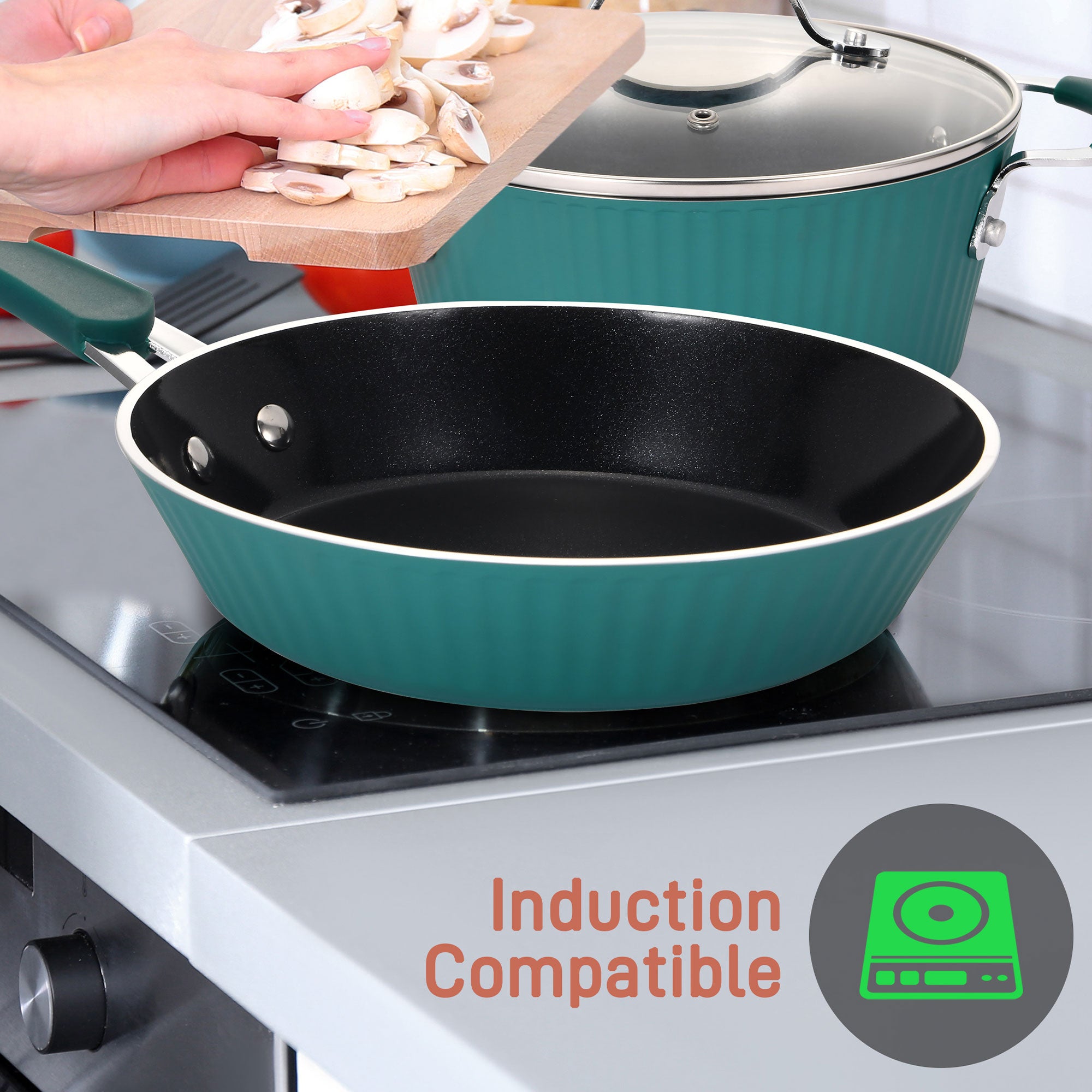11 Piece Nonstick Elegant Lines Pattern Kitchen Cookware Set, Teal (Used) - VMInnovations