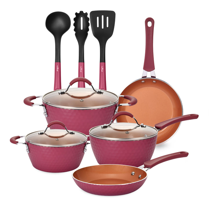 11 Piece Nonstick Elegant Diamond Pattern Kitchen Cookware Set, Pink (Open Box) - VMInnovations