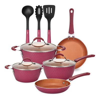 11 Piece Nonstick Elegant Diamond Pattern Kitchen Cookware Set, Pink (Open Box) - VMInnovations