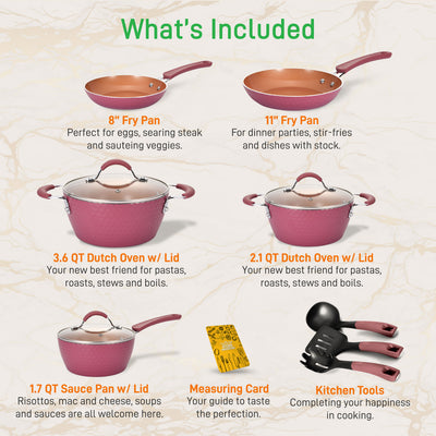 11 Piece Nonstick Elegant Diamond Pattern Kitchen Cookware Set, Pink (Open Box) - VMInnovations