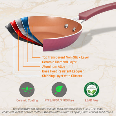 11 Piece Nonstick Elegant Diamond Pattern Kitchen Cookware Set, Pink (Open Box) - VMInnovations