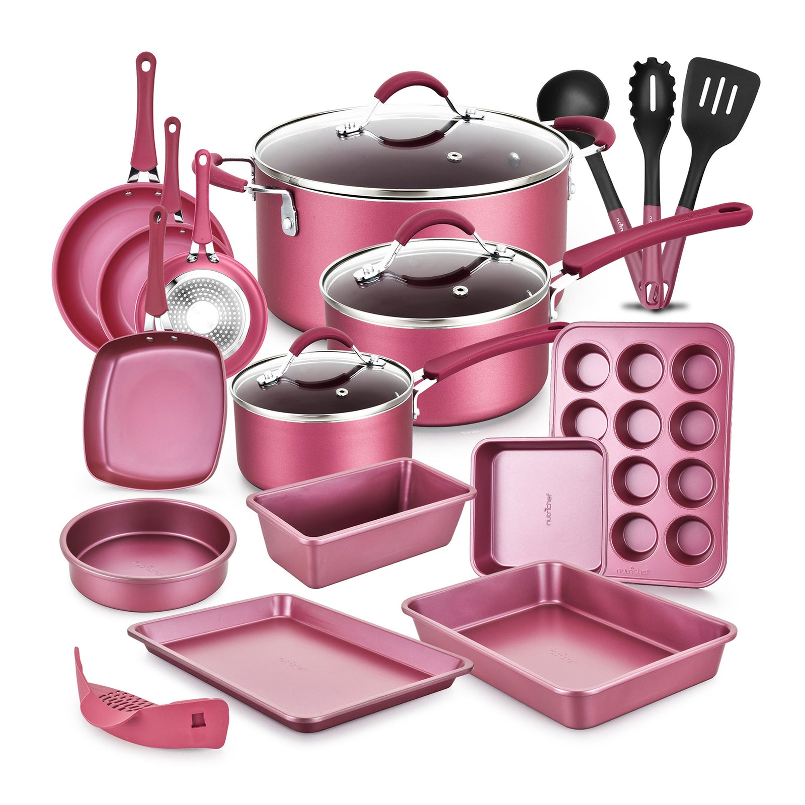 Nonstick Cooking Kitchen Cookware Pots and Pans, 20 Piece Set, Pink (Open Box) - VMInnovations