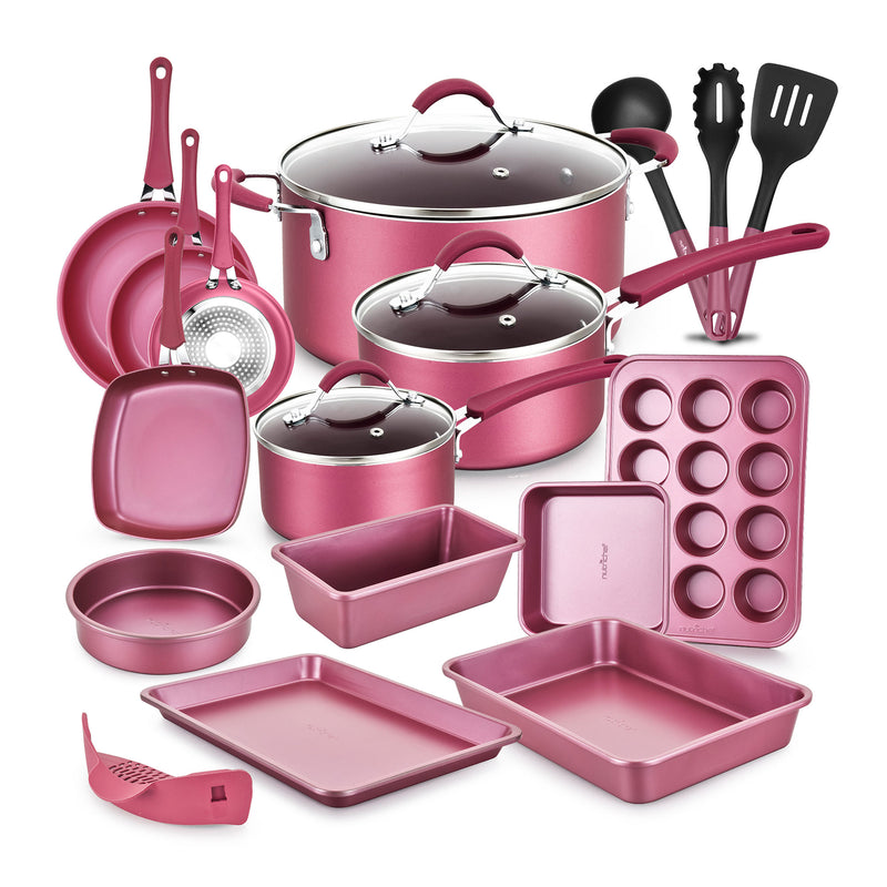 NutriChef Nonstick Cooking Kitchen Cookware Pots and Pans, 20 Piece Set, Pink