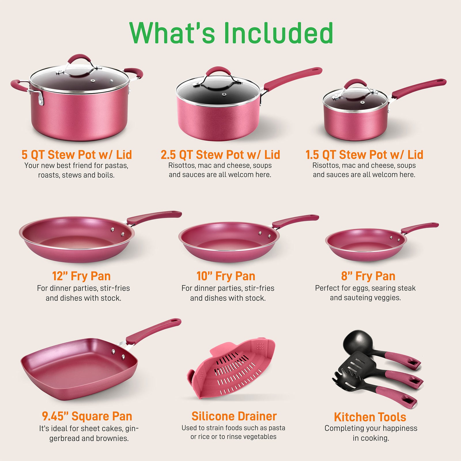 Nonstick Cooking Kitchen Cookware Pots and Pans, 20 Piece Set, Pink (Used) - VMInnovations