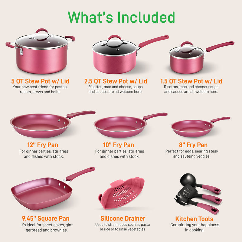 NutriChef Nonstick Cooking Kitchen Cookware Pots and Pans, 20 Piece Set, Pink