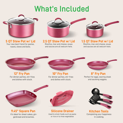 Nonstick Cooking Kitchen Cookware Pots and Pans, 20 Piece Set, Pink (Used)