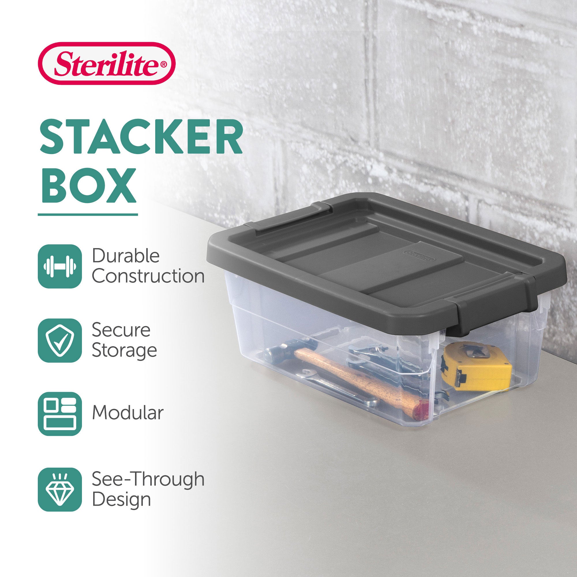 Sterilite 16 Quart Clear Plastic Stacking Storage Container Box with Gray Lid