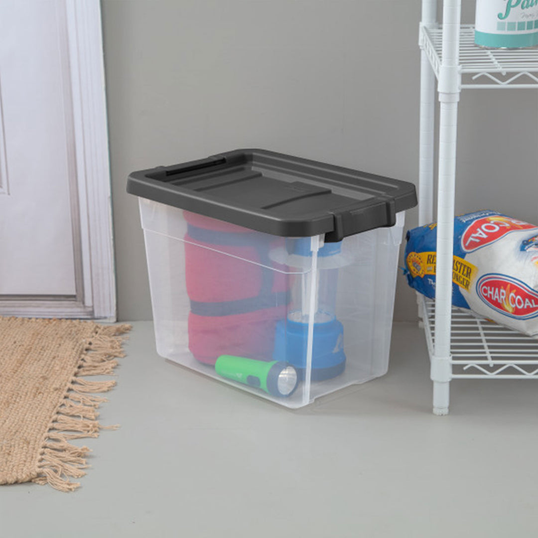 Sterilite 30 Qt Clear Plastic Stackable Storage Bin w/ Grey Latch Lid, 24 Pack