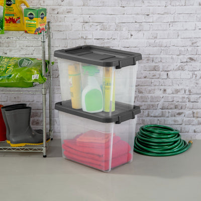 Sterilite 30 Qt Clear Plastic Stackable Storage Bin w/ Grey Latch Lid (18 Pack) - VMInnovations