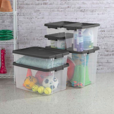 Sterilite 30 Qt Clear Plastic Stackable Storage Bin with Grey Latch Lid, 6 Pack