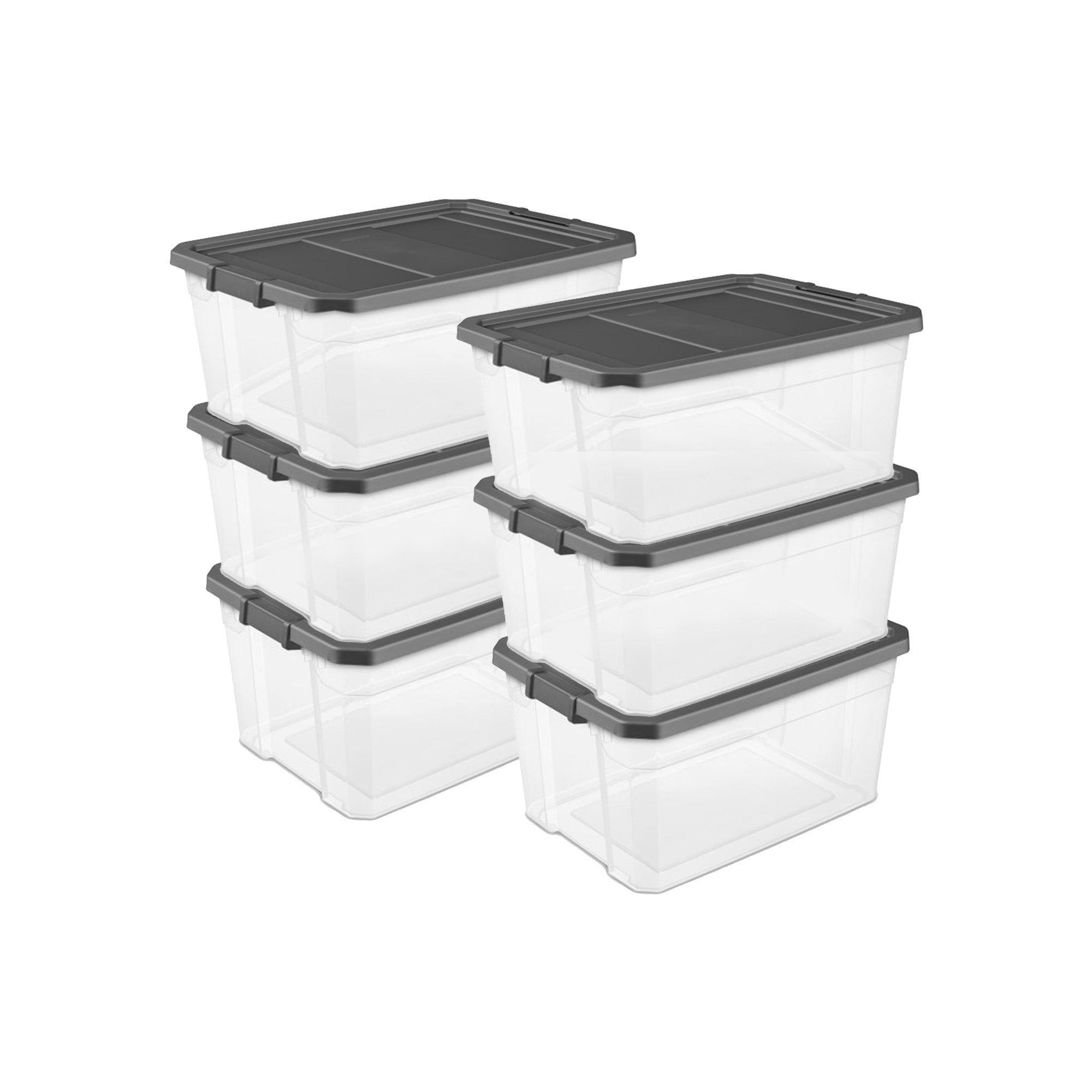 Sterilite 76 Qt Clear Plastic Stacker Storage Bin w/Latching Lid, Grey (6 Pack)