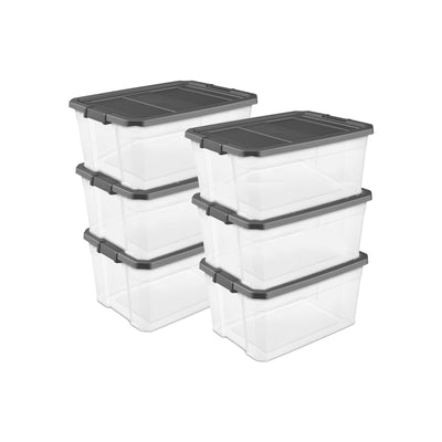 Sterilite 76 Qt Clear Plastic Stacker Storage Bin w/Latching Lid, Grey (6 Pack)