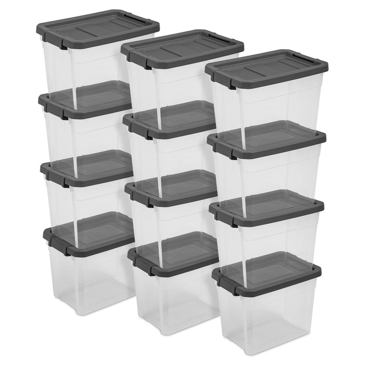 Sterilite 30 Qt Clear Plastic Stackable Storage Bin w/ Grey Latch Lid, 12 Pack