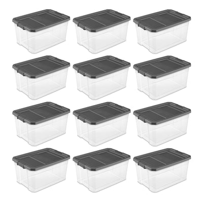 Sterilite 76 Qt Clear Plastic Stacker Storage Bin w/Latching Lid, Grey (12 Pack)