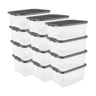 Sterilite 76 Qt Clear Plastic Stacker Storage Bin w/Latching Lid, Grey (12 Pack)