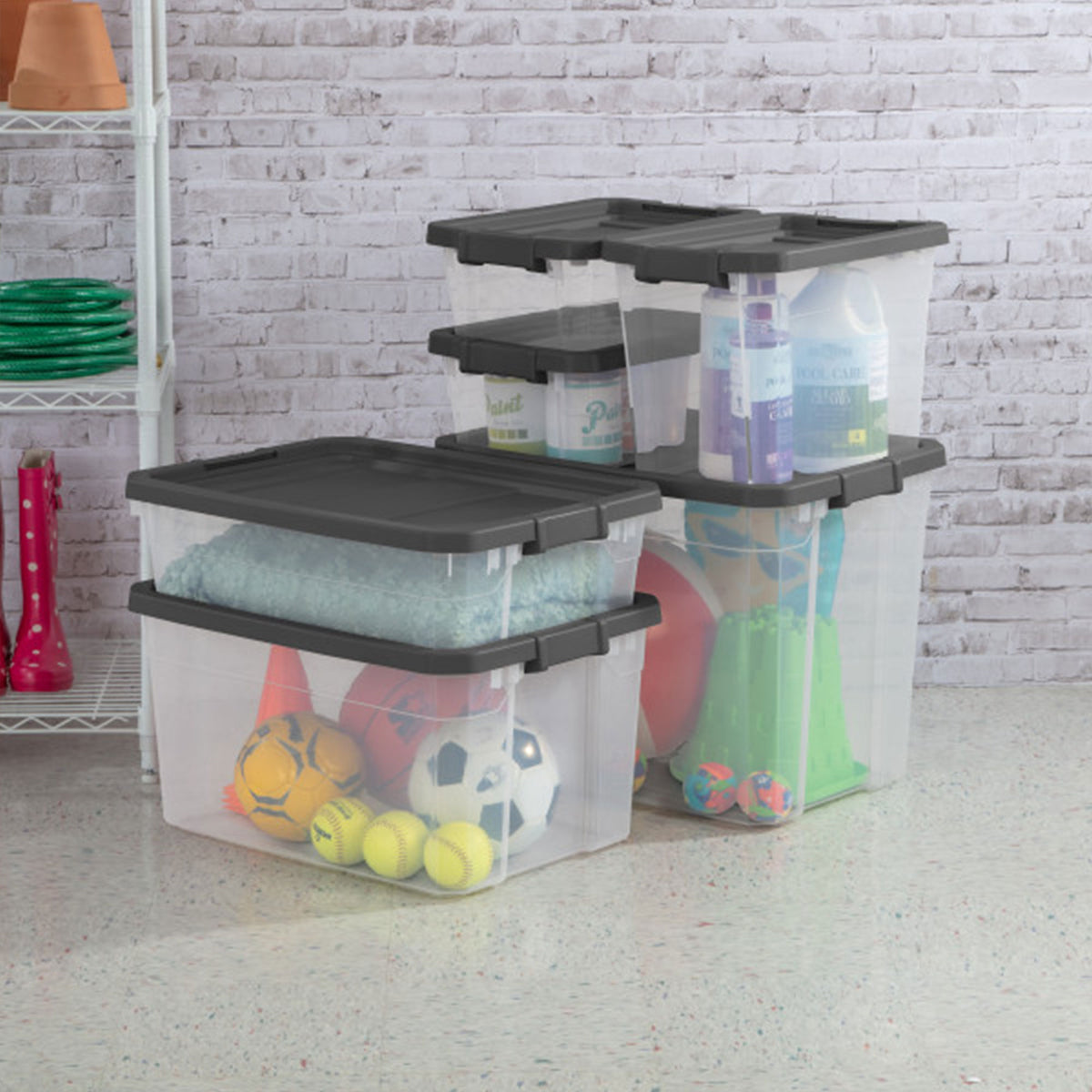 Sterilite 76 Qt Clear Plastic Stacker Storage Bin w/Latching Lid, Grey (18 Pack)