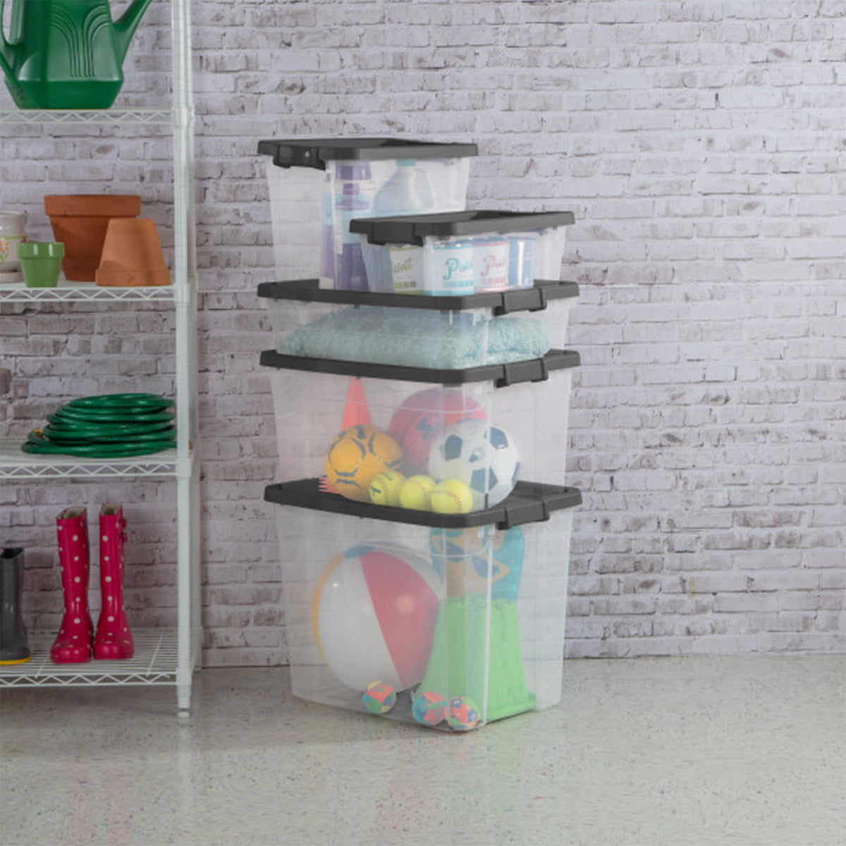 Sterilite 76 Qt Clear Plastic Stacker Storage Bin w/Latching Lid, Grey (18 Pack)
