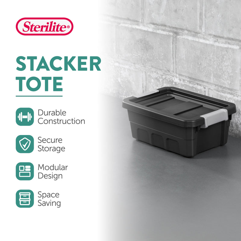 Sterilite 4 Gallon Industrial Storage Totes w/ Latch Clip Lids, Black (12 Pack)