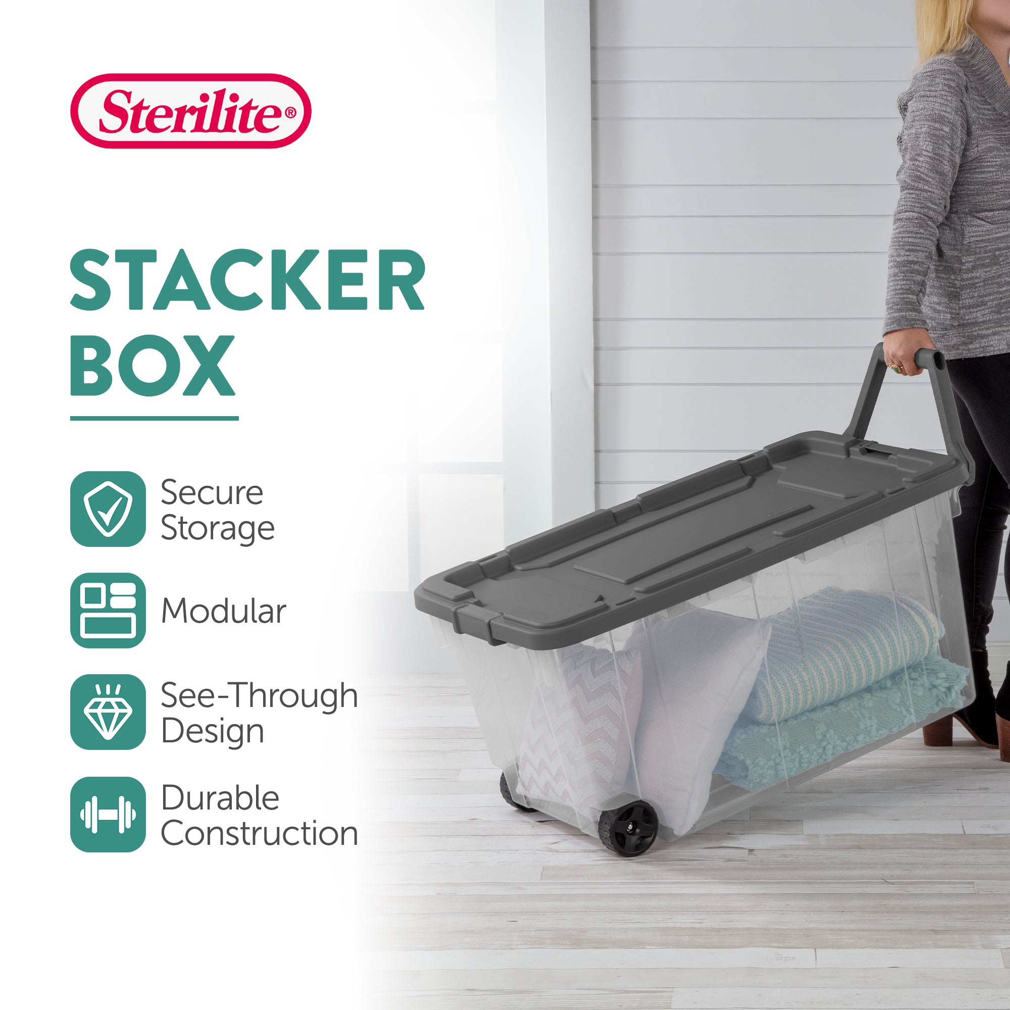 Sterilite 160 Qt Latching Stackable Wheeled Storage Box Container w/ Lid, 8 Pack - VMInnovations