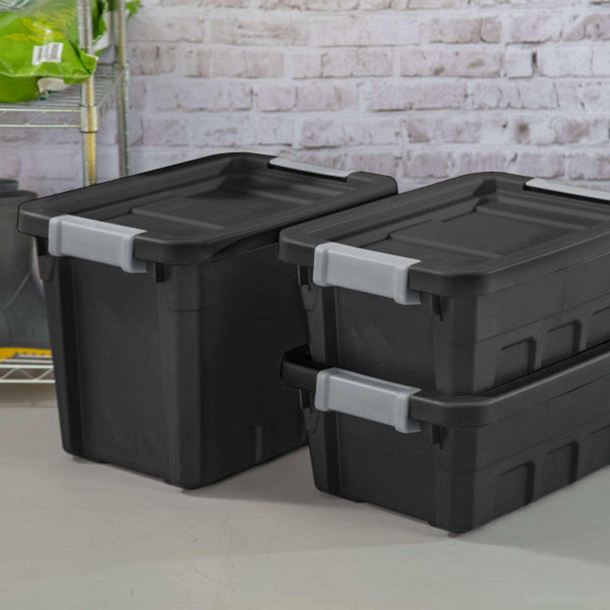 Sterilite 7.5 Gal Rugged Industrial Storage Totes w/ Latch Lids, Black (6 Pack)