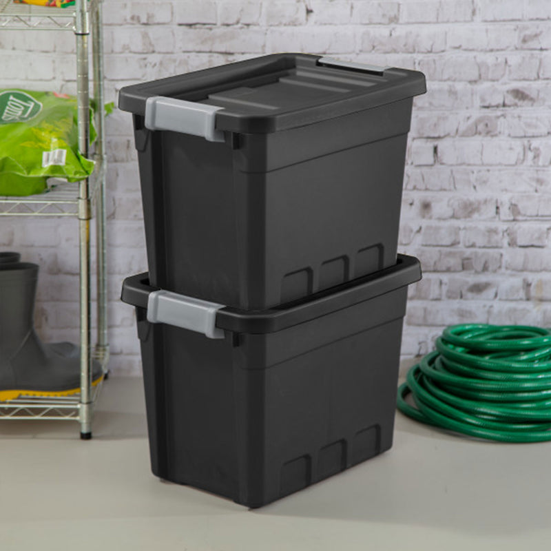 Sterilite 7.5 Gal Rugged Industrial Storage Totes w/ Latch Lids, Black (6 Pack)