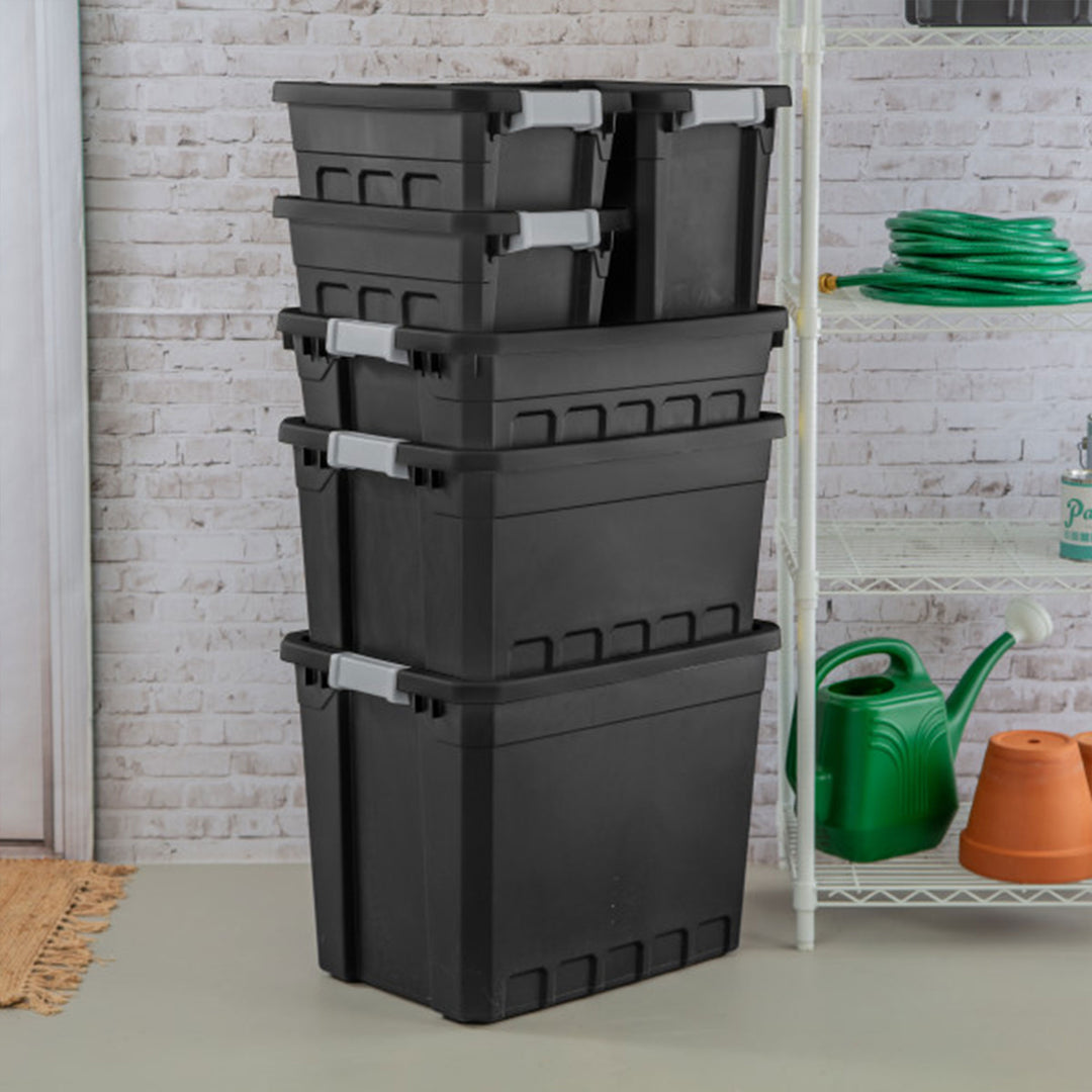 Sterilite 7.5 Gal Rugged Industrial Storage Totes w/ Latch Lids, Black (6 Pack)