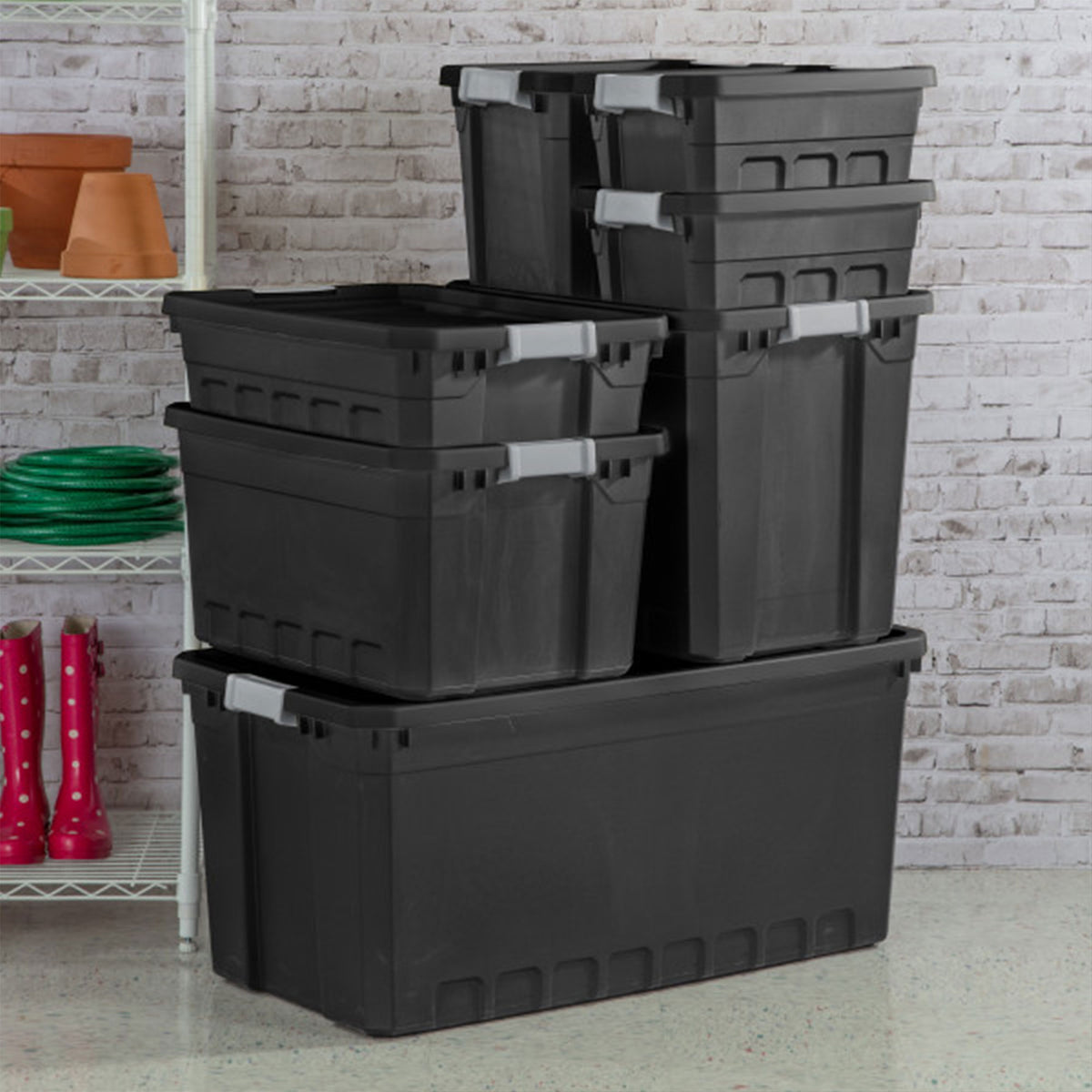 Sterilite 7.5 Gal Rugged Industrial Storage Totes w/ Latch Lids, Black (6 Pack)