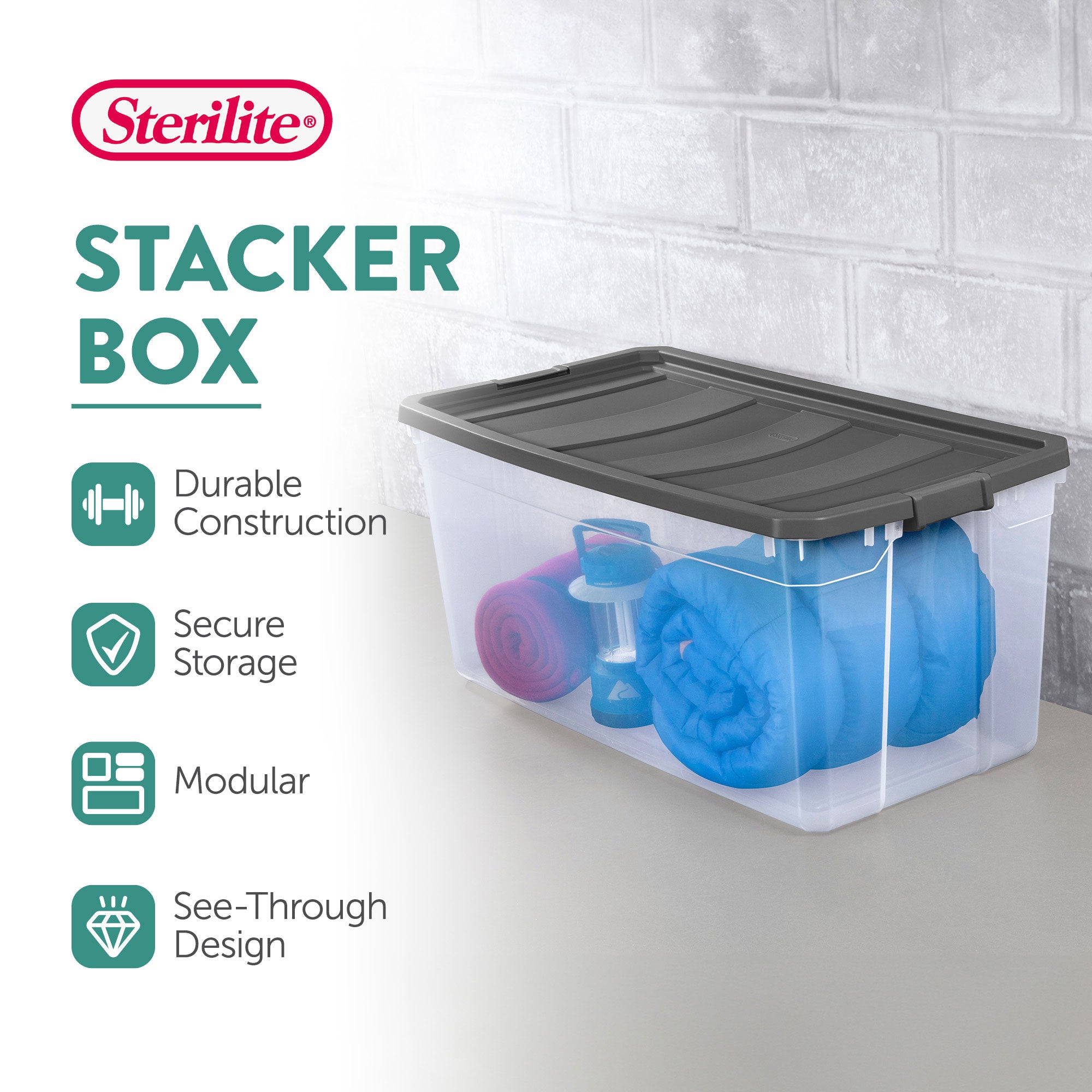Sterilite 200 Quart Clear Stackable Latching Storage Box Container, Grey, 3 Pack
