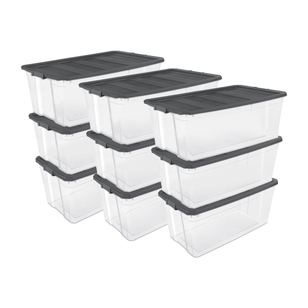 Sterilite 200 Quart Clear Stackable Latching Storage Box Container, Grey, 9 Pack