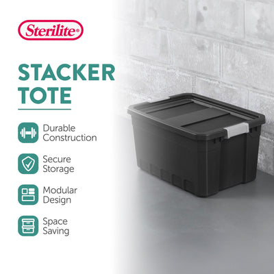 Sterilite 19 Gal Rugged Industrial Stackable Storage Tote w/ Lid, Black, 18 Pack