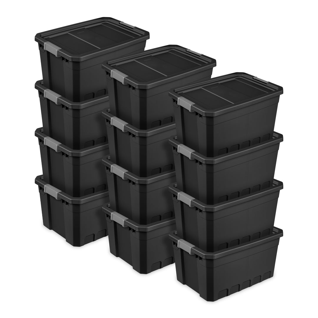 Sterilite 19 Gal Rugged Industrial Stackable Storage Tote w/ Lid, Black, 12 Pack