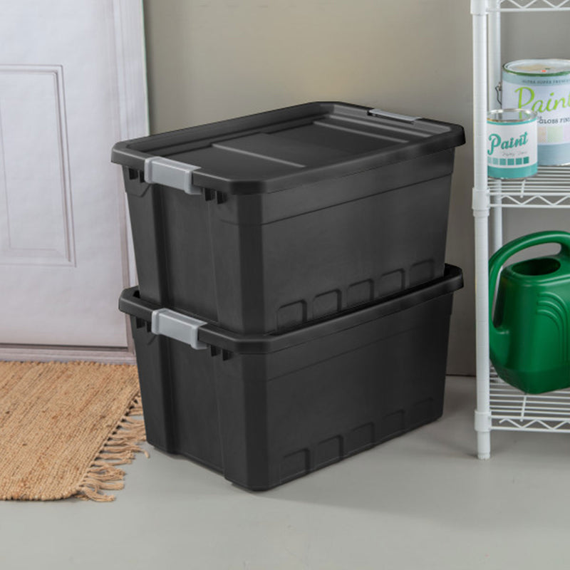 Sterilite 19 Gal Rugged Industrial Stackable Storage Tote w/ Lid, Black, 6 Pack