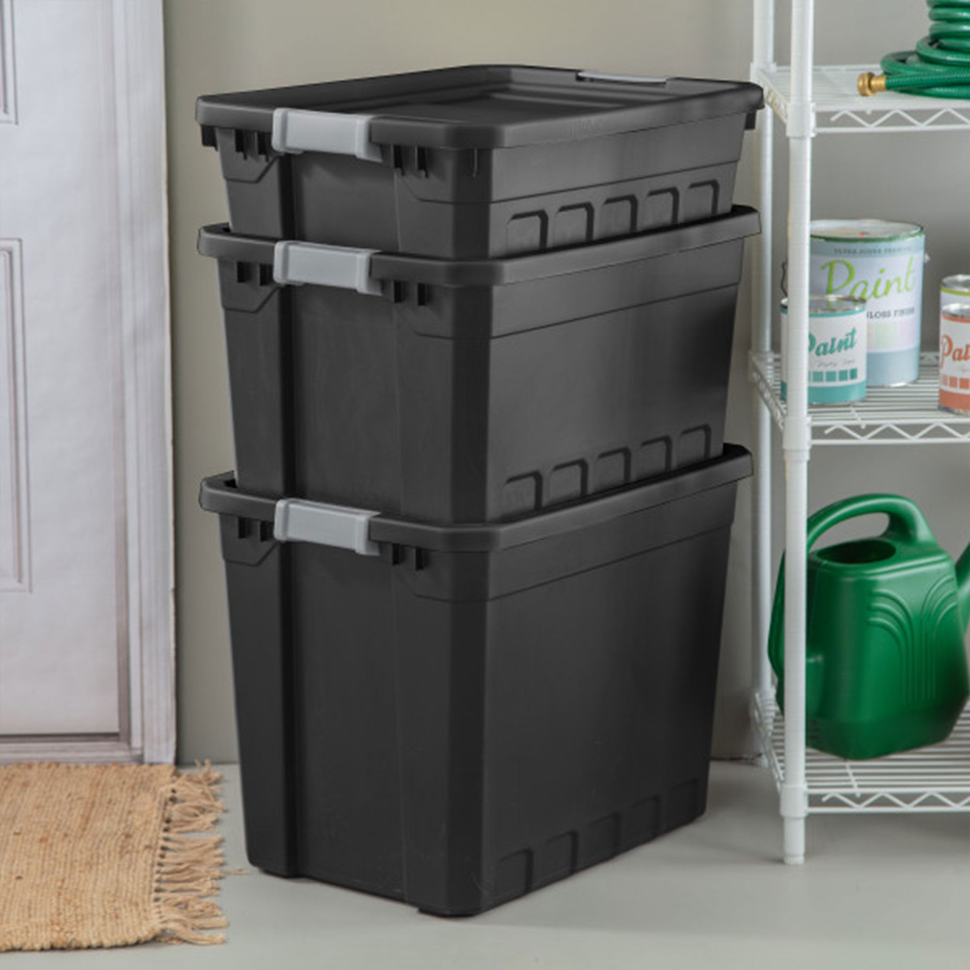 Sterilite 19 Gal Rugged Industrial Stackable Storage Tote w/ Lid, Black, 24 Pack - VMInnovations