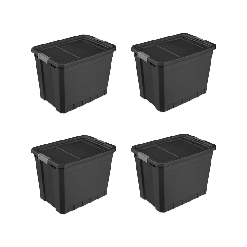 Sterilite 27 Gal Rugged Industrial Stackable Storage Tote w/ Lid, Black, 4 Pack