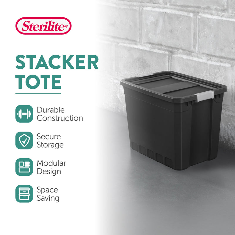 Sterilite 27 Gal Rugged Industrial Stackable Storage Tote w/ Lid, Black, 4 Pack