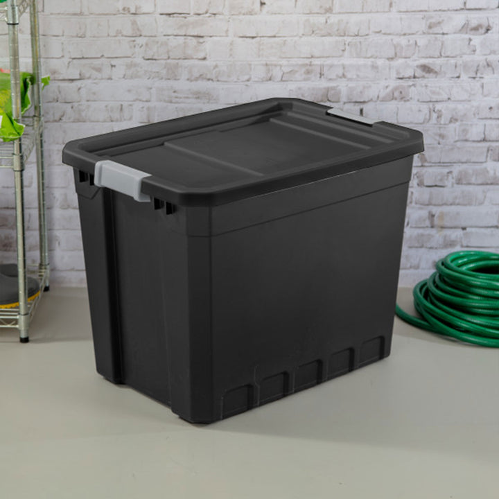 Sterilite 27 Gal Rugged Industrial Stackable Storage Tote w/ Lid, Black, 12 Pack