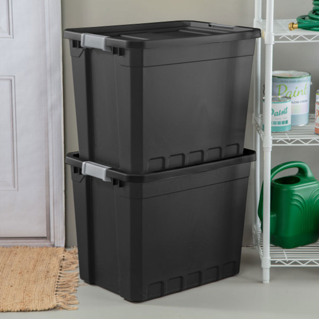 Sterilite 27 Gal Rugged Industrial Stackable Storage Tote w/ Lid, Black, 16 Pack - VMInnovations
