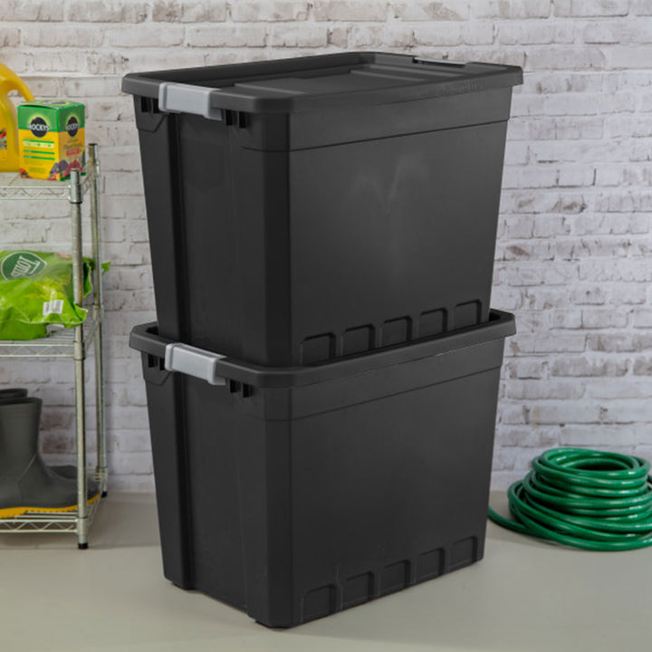 Sterilite 27 Gal Rugged Industrial Stackable Storage Tote w/ Lid, Black, 12 Pack