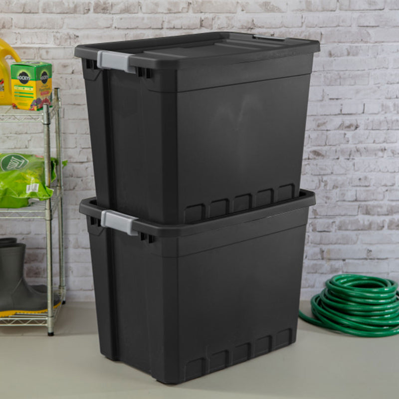 Sterilite 27 Gal Rugged Industrial Stackable Storage Tote w/ Lid, Black, 16 Pack