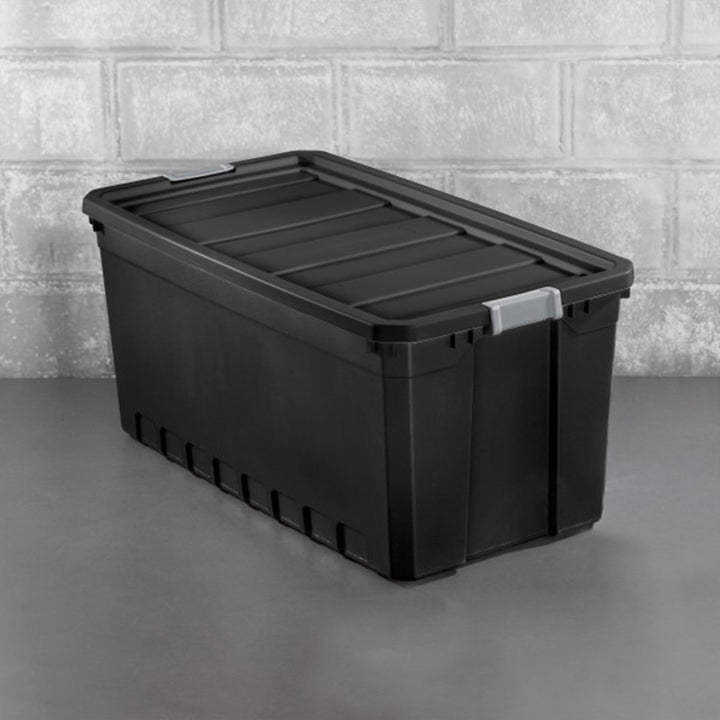 Sterilite 50 Gal Rugged Industrial Stackable Storage Tote w/ Lid, Black, 12 Pack