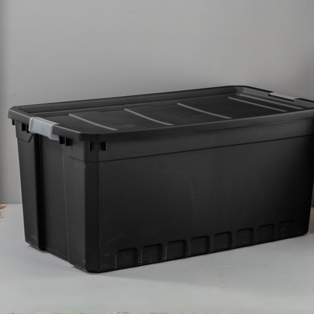 Sterilite 50 Gal Rugged Industrial Stackable Storage Tote w/ Lid, Black, 12 Pack