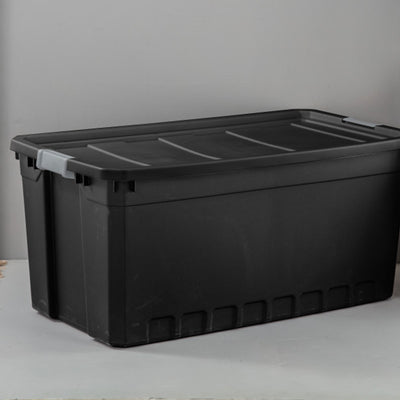 Sterilite 50 Gal Rugged Industrial Stackable Storage Tote w/ Lid, Black, 9 Pack