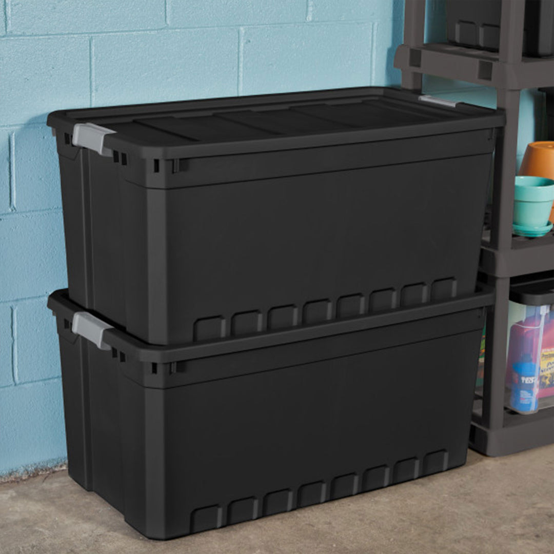 Sterilite 50 Gal Rugged Industrial Stackable Storage Tote w/ Lid, Black, 12 Pack