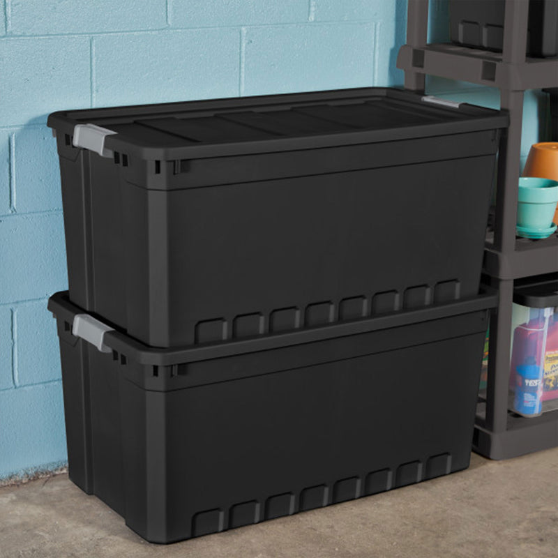 Sterilite 50 Gal Rugged Industrial Stackable Storage Tote w/ Lid, Black, 3 Pack