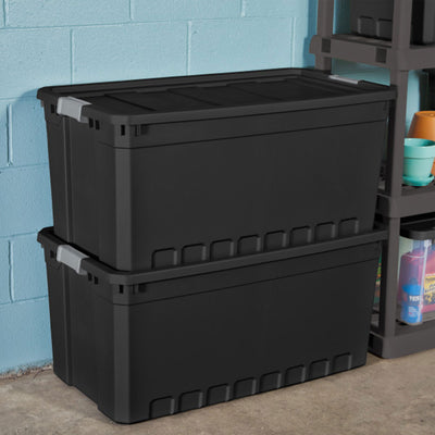 Sterilite 50 Gal Rugged Industrial Stackable Storage Tote w/ Lid, Black, 6 Pack