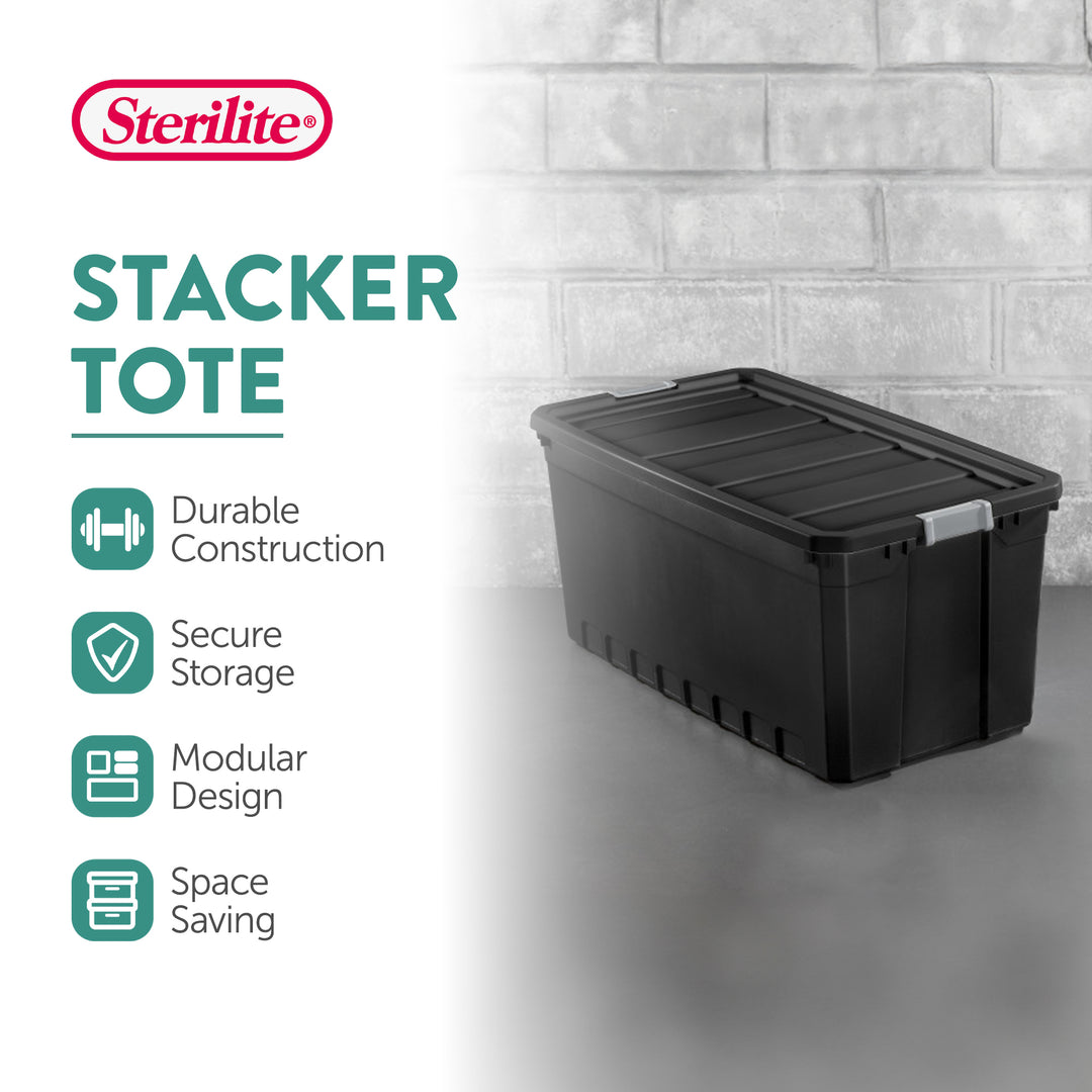 Sterilite 50 Gal Rugged Industrial Stackable Storage Tote w/ Lid, Black, 6 Pack