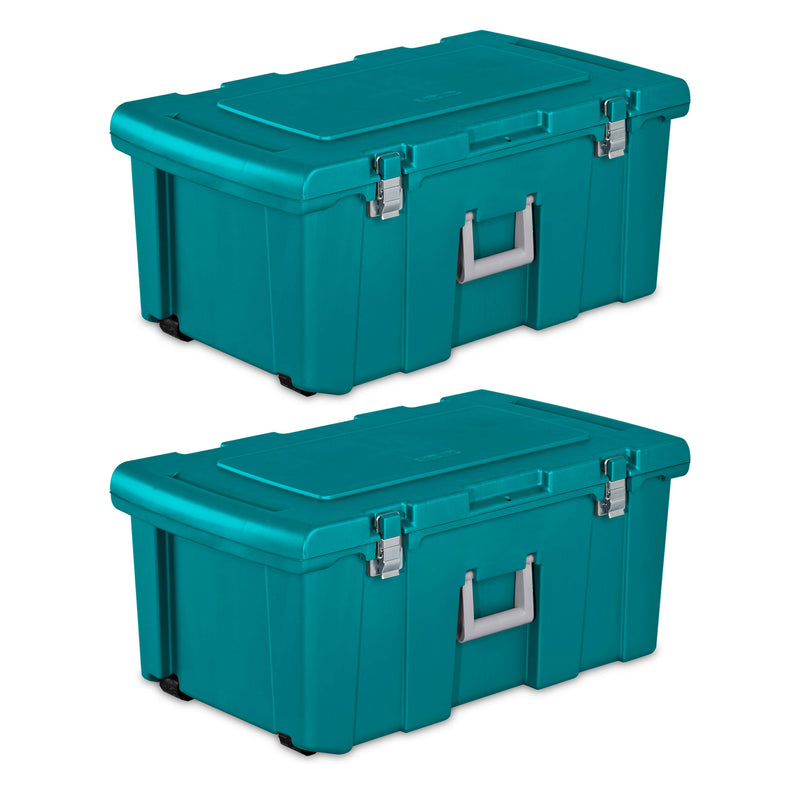 Sterilite 16 Gal Lockable Footlocker Toolbox Container w/ Wheels, Teal (2 Pack)