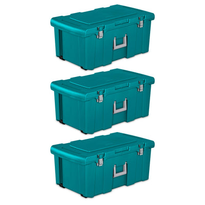 Sterilite 16 Gal Lockable Footlocker Toolbox Container w/ Wheels, Teal (3 Pack)